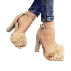Tiannia Barnes Women's Size 7 Naomi FAUX FUR IN TAUPE Heeled Sandals Beige